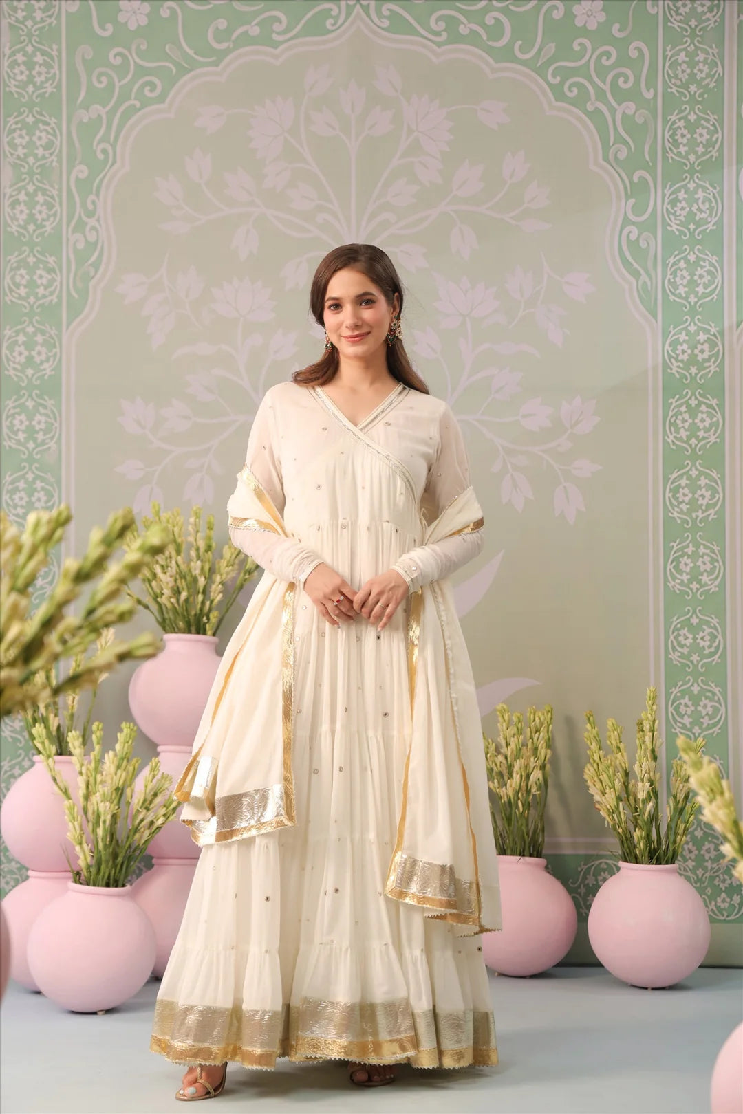 Ivory Mulmul Angrakha Anarkali Suit Set with Gota Work Dupatta