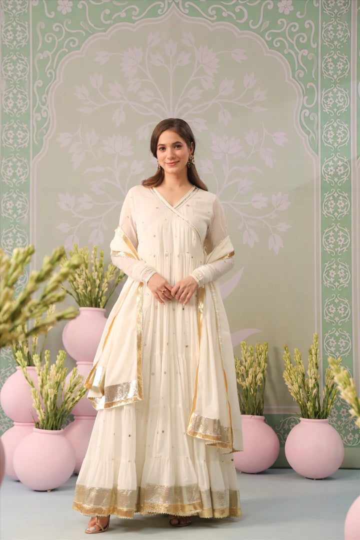 Ivory Mulmul Angrakha Anarkali Suit Set with Gota Work Dupatta