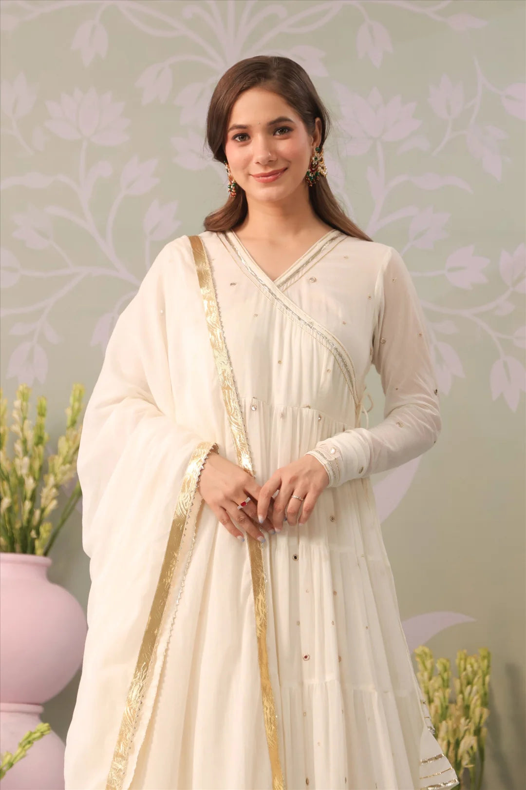 Ivory Mulmul Angrakha Anarkali Suit Set with Gota Work Dupatta