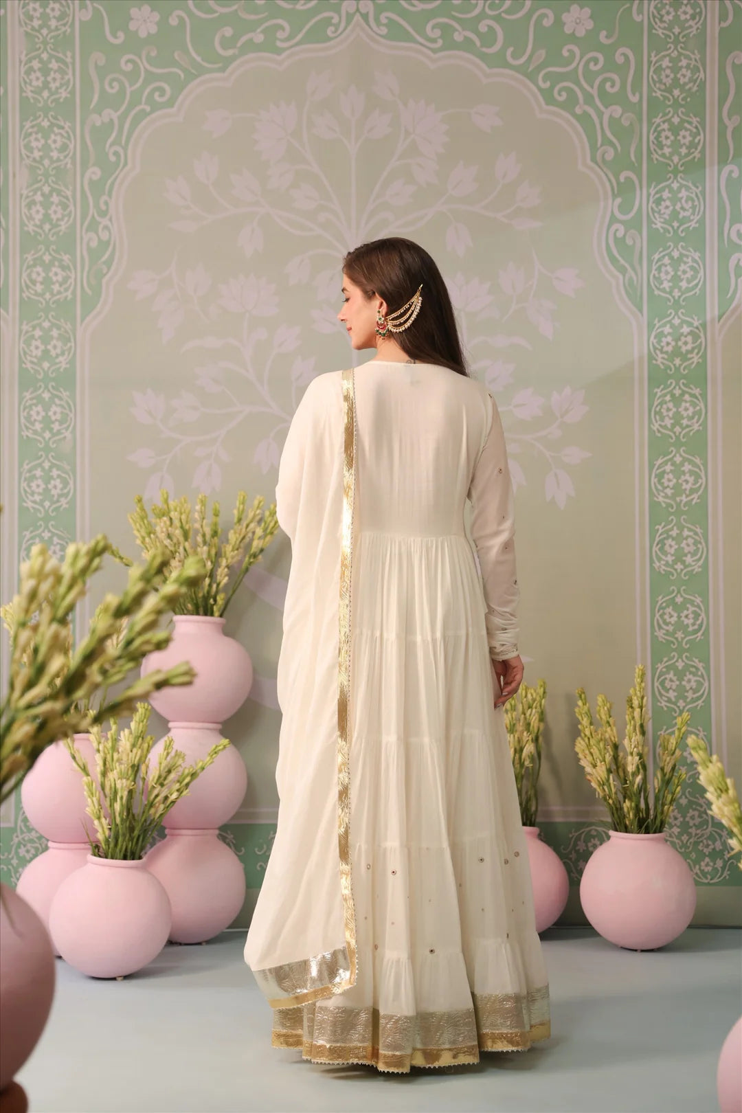 Ivory Mulmul Angrakha Anarkali Suit Set with Gota Work Dupatta