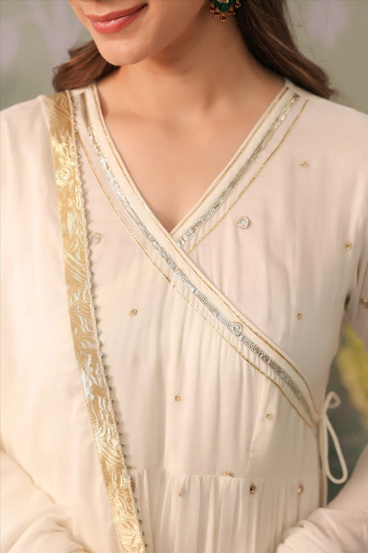 Ivory Mulmul Angrakha Anarkali Suit Set with Gota Work Dupatta