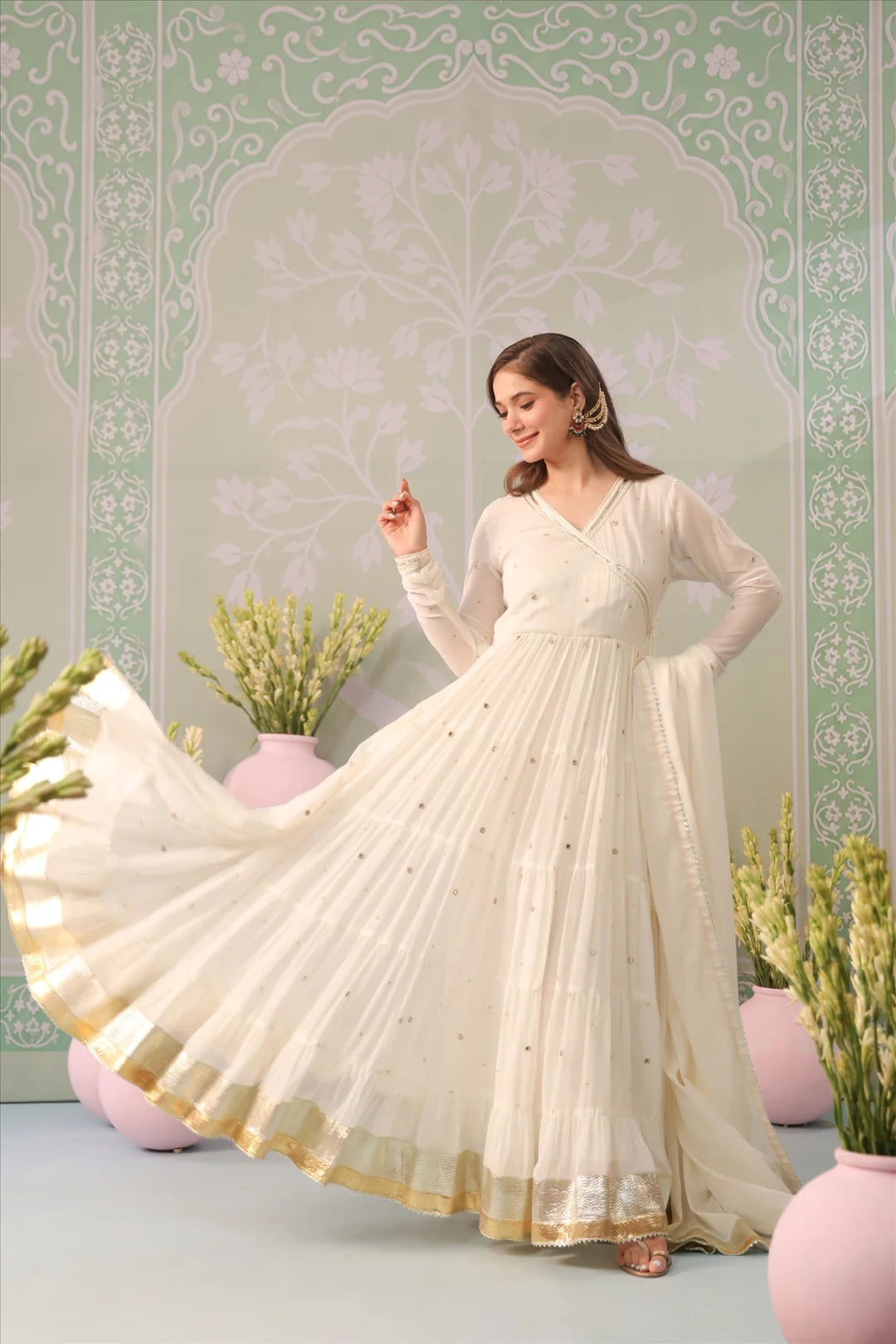 Ivory Mulmul Angrakha Anarkali Suit Set with Gota Work Dupatta