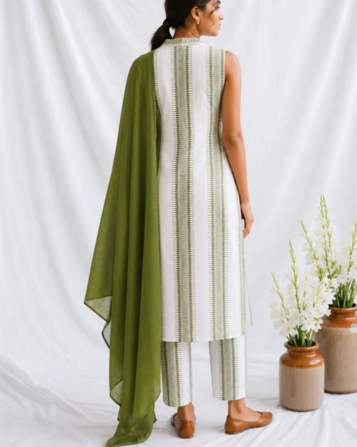 White Green Straight Cut Cotton Suit with Kota Dupatta