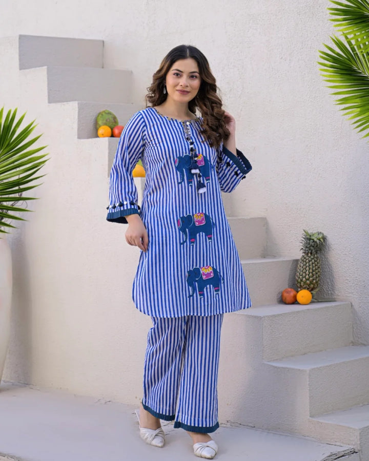 Royal Blue White Striped Elephant Hand Painted Cotton Co-ord Set
