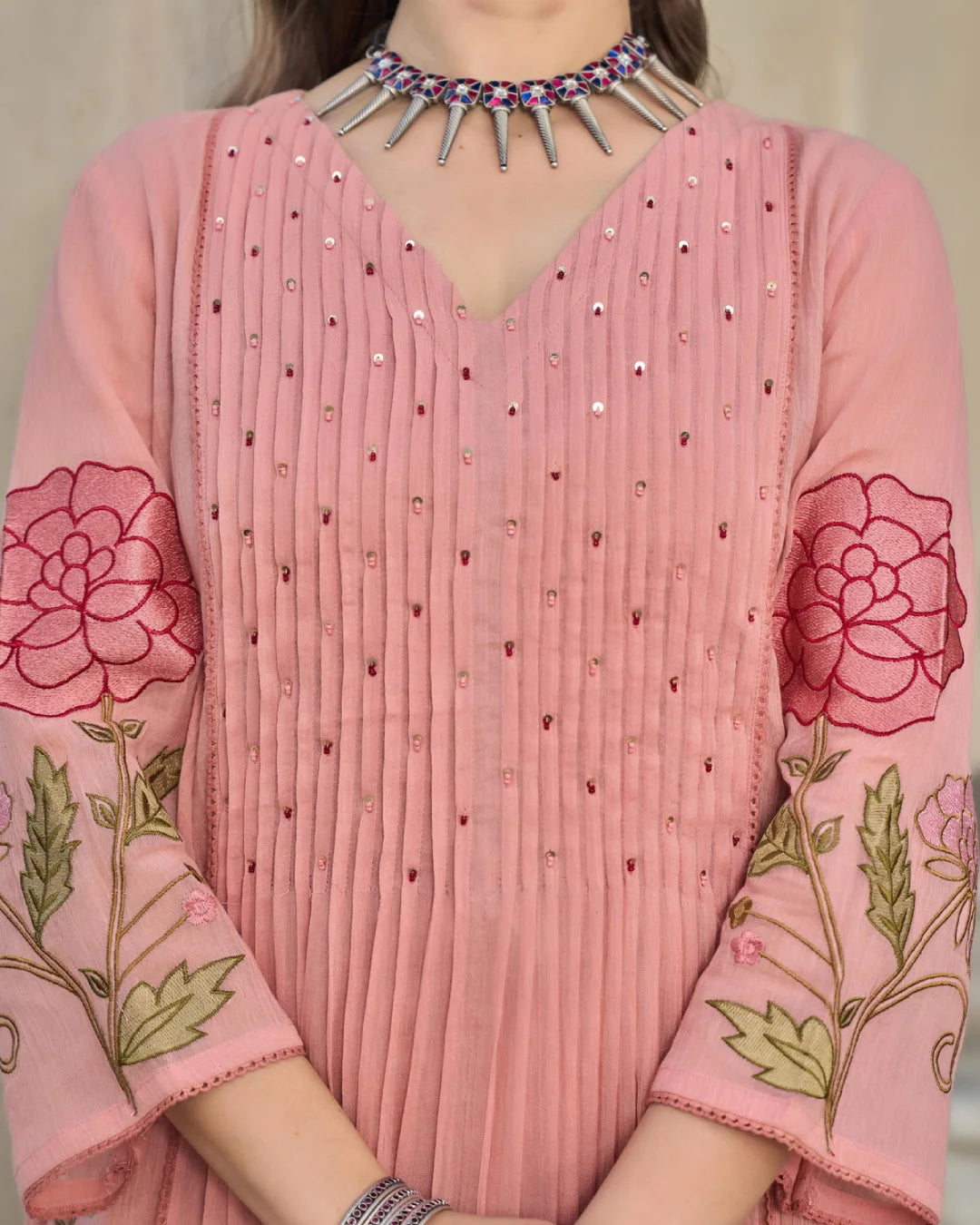 Dusty Pink Floral Embroidered Pleated Semi Anarkali Suit