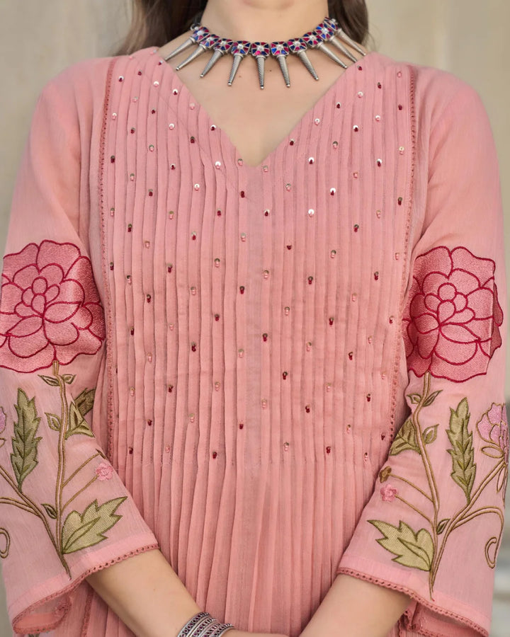 Dusty Pink Floral Embroidered Pleated Semi Anarkali Suit