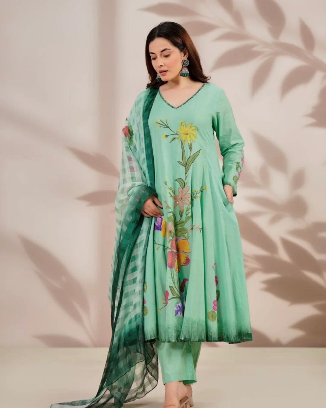 Mint Green Floral Hand Painted Shoulder Anarkali Suit