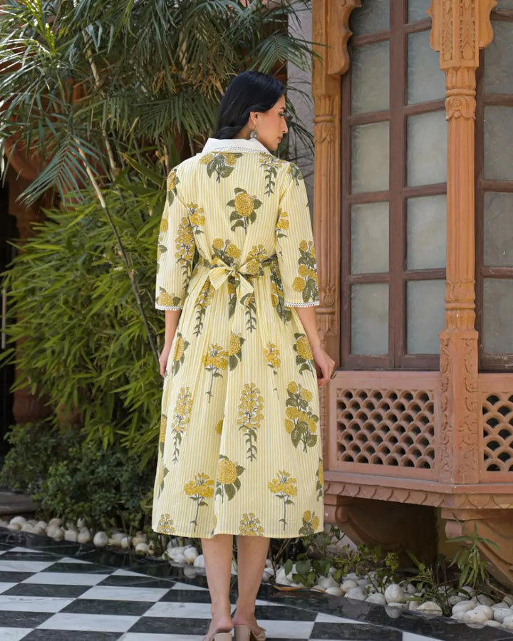 Butter Yellow Striped A-line Dress with Peter Pan Collar