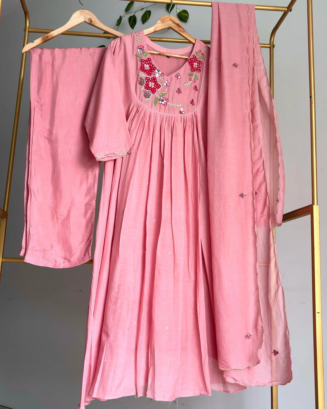 Dusty Pink Pure Banaras Chanderi Applique &amp; Mirror Embroidered Suit
