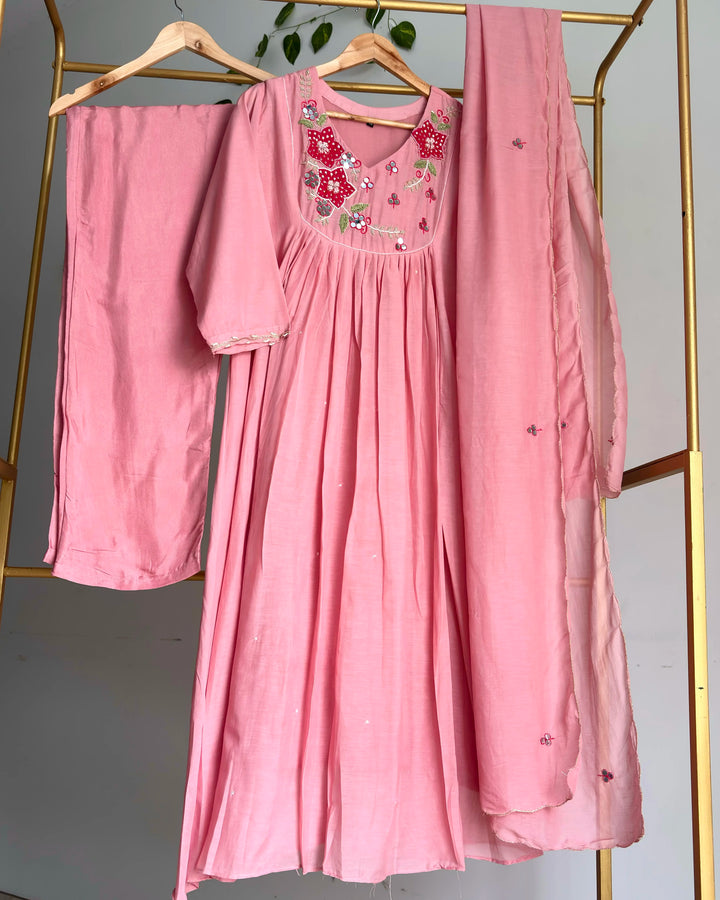 Dusty Pink Pure Banaras Chanderi Applique &amp; Mirror Embroidered Suit