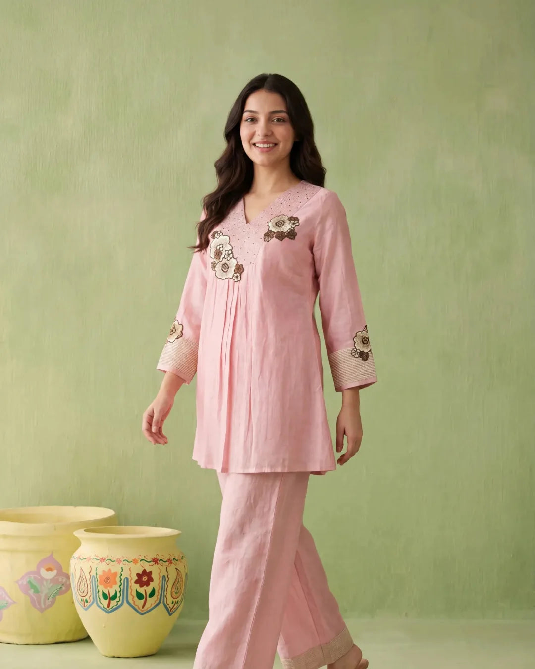 Light Pink Linen Chanderi Floral Applique Co-ord Set