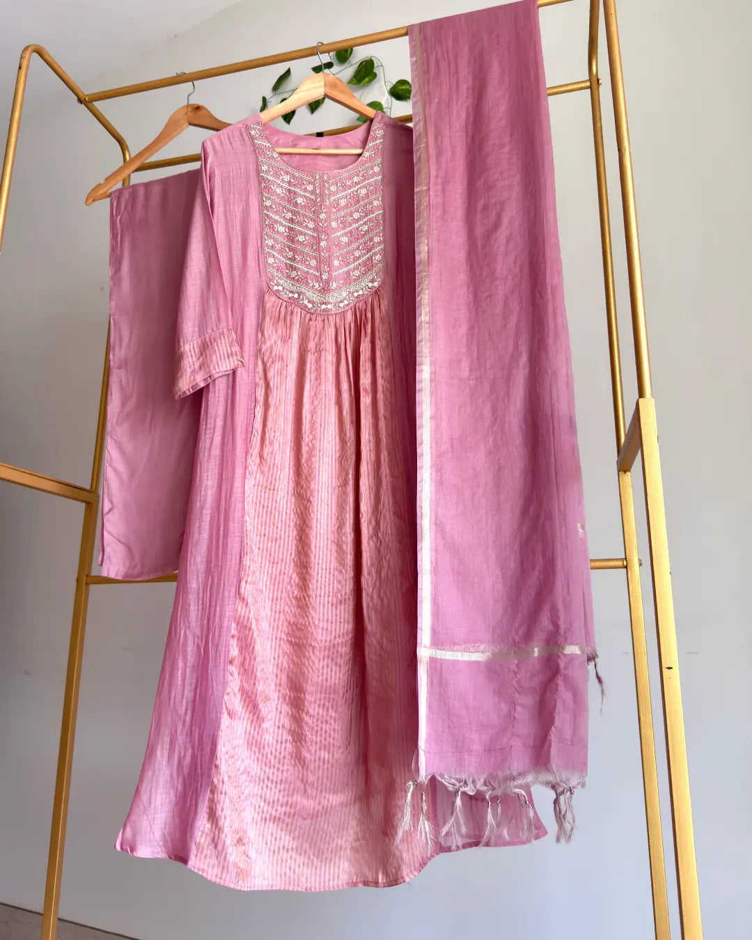 Pure Banaras Chanderi Dusty Mauve With HO Silk and Intricate Yoke Suit