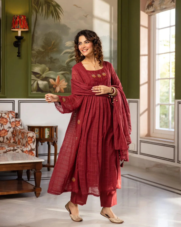 Wine Maroon Cross Stitch Embroidery A-Line Suit