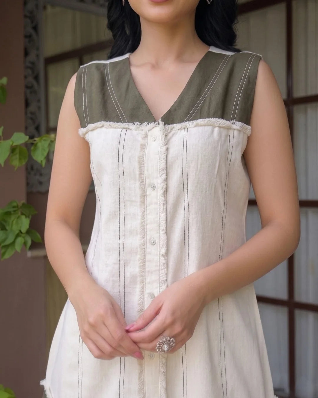 Cream Olive Green Buttoned Flex Cotton Co-ord Set