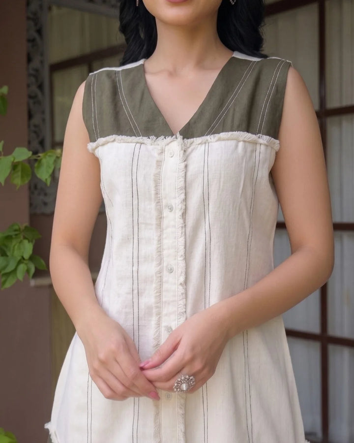 Cream Olive Green Buttoned Flex Cotton Co-ord Set