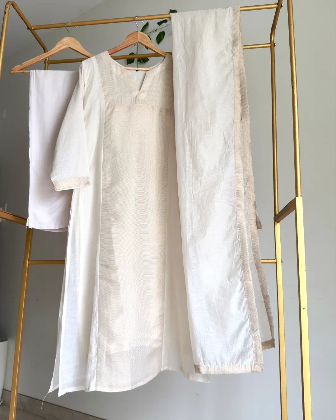 Ivory Banaras Chanderi Golden Striped A-Line Suit