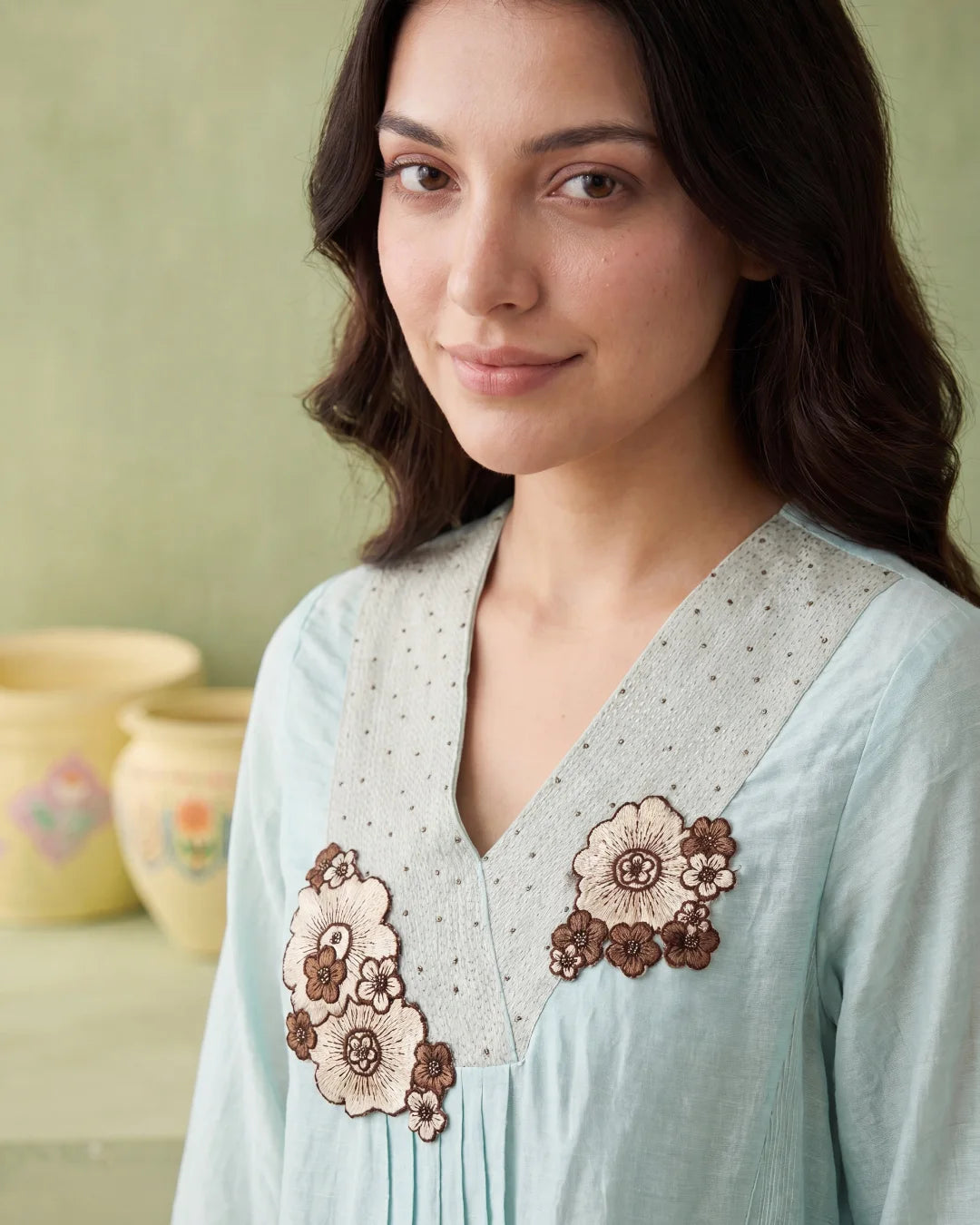 Pastel Aqua Linen Chanderi Floral Applique Co-ord Set