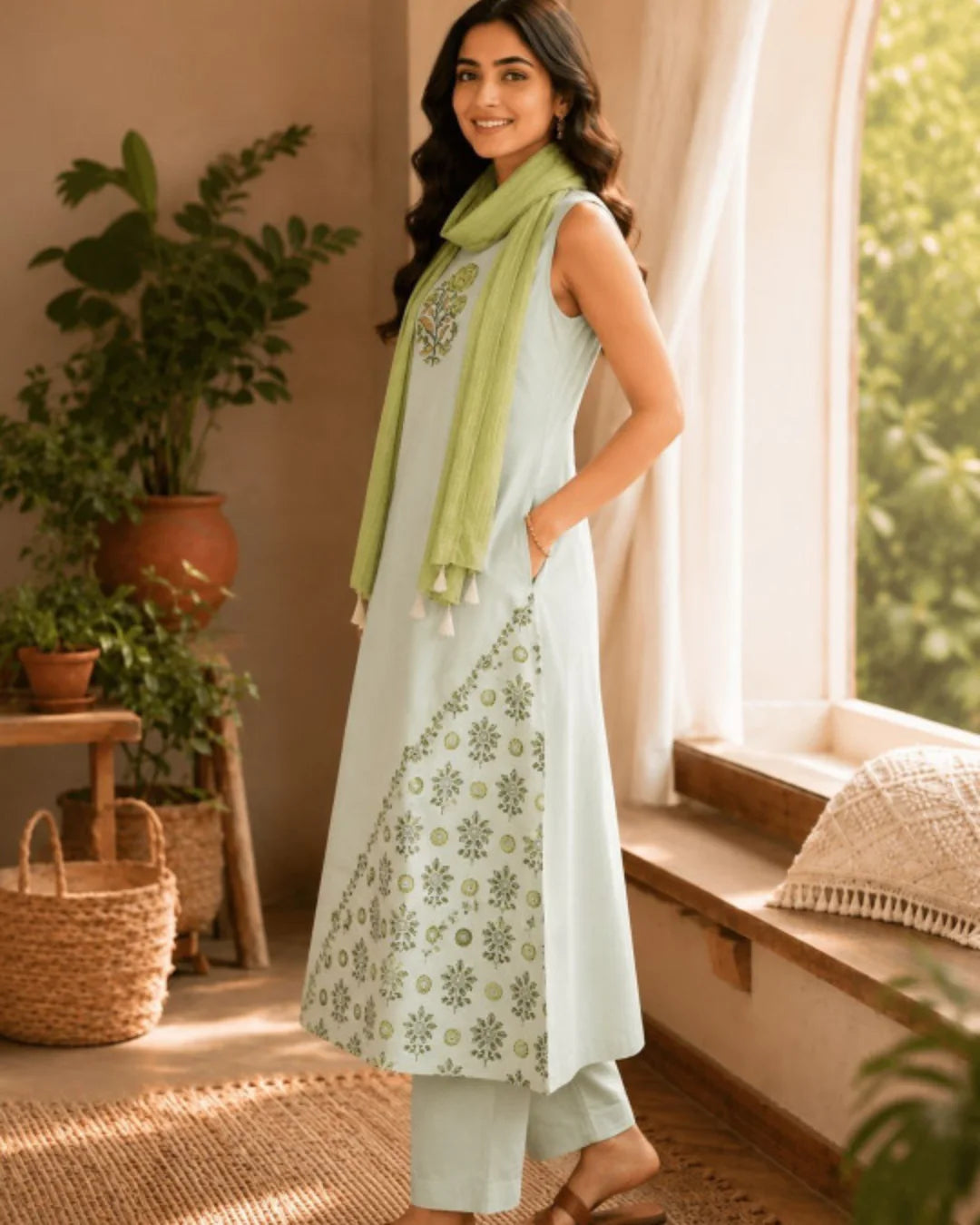 Pastel Mint Floral Block Printed Cotton A-Line Suit with Kota Dupatta