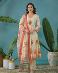 Cream Beige Floral Hand Painted Flared Anarkali Suit