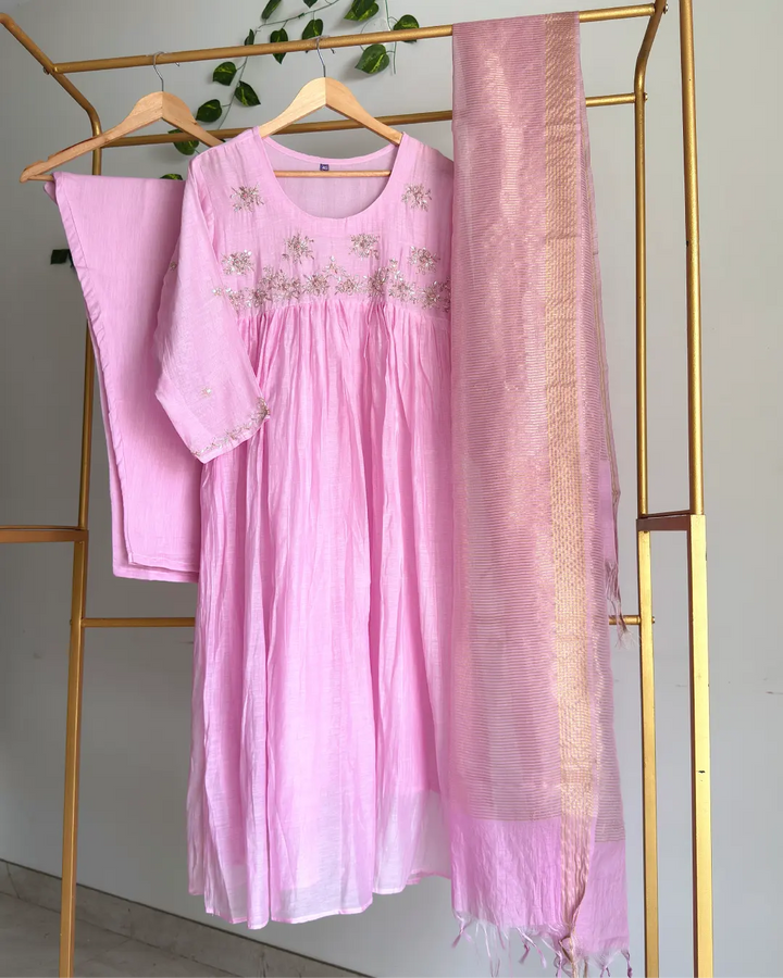 Baby Pink Pure Banaras Chanderi Frock Type A-Line Handworked Suit