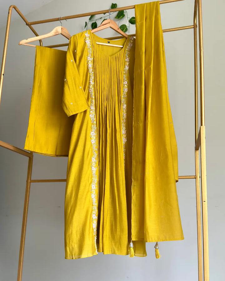 Mustard Yellow Sequined 3D Flower Pleated Suit