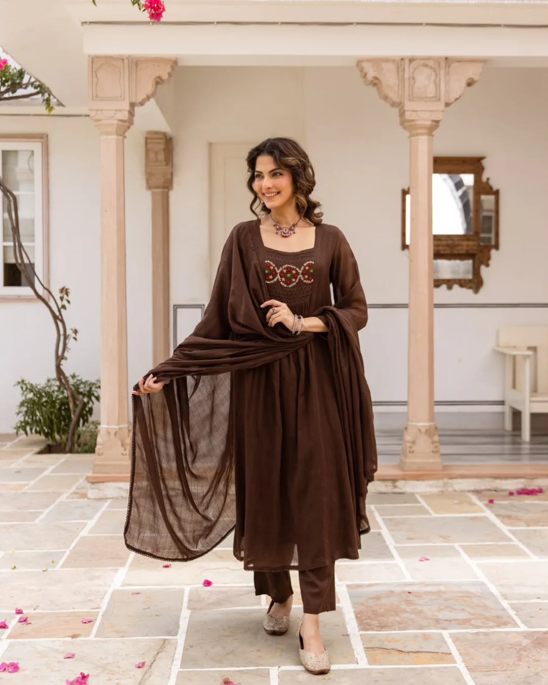 Dark Chocolate Brown Floral Embroidery Mul Kota Suit Set