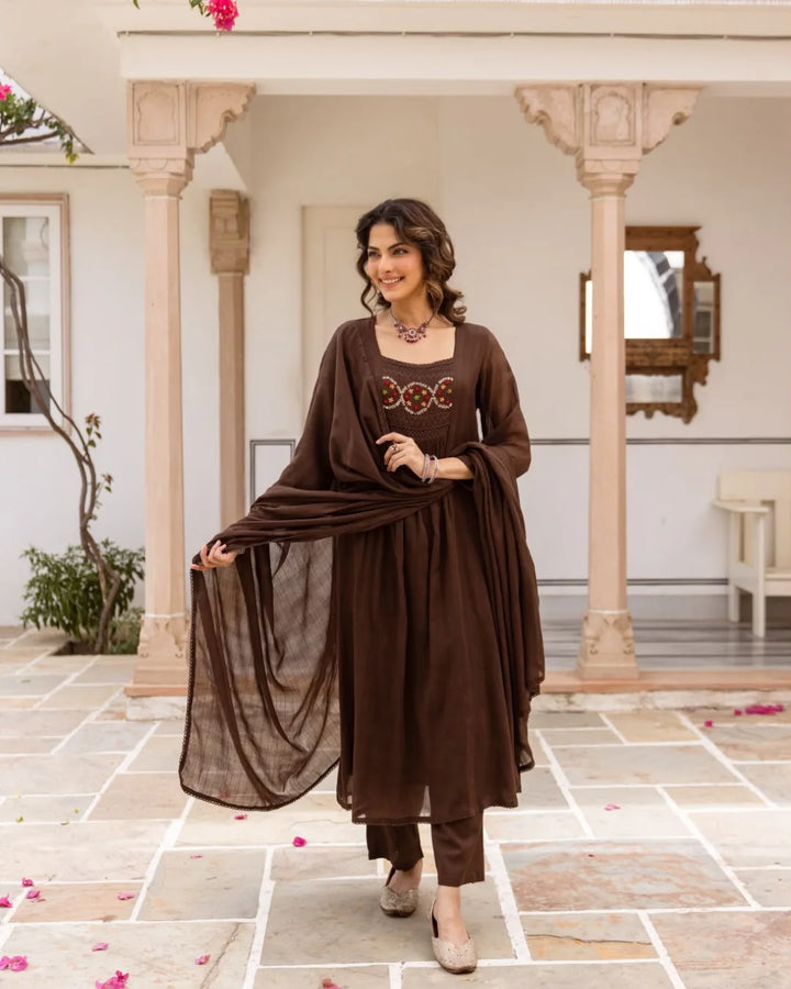 Dark Chocolate Brown Floral Embroidery Mul Kota Suit Set