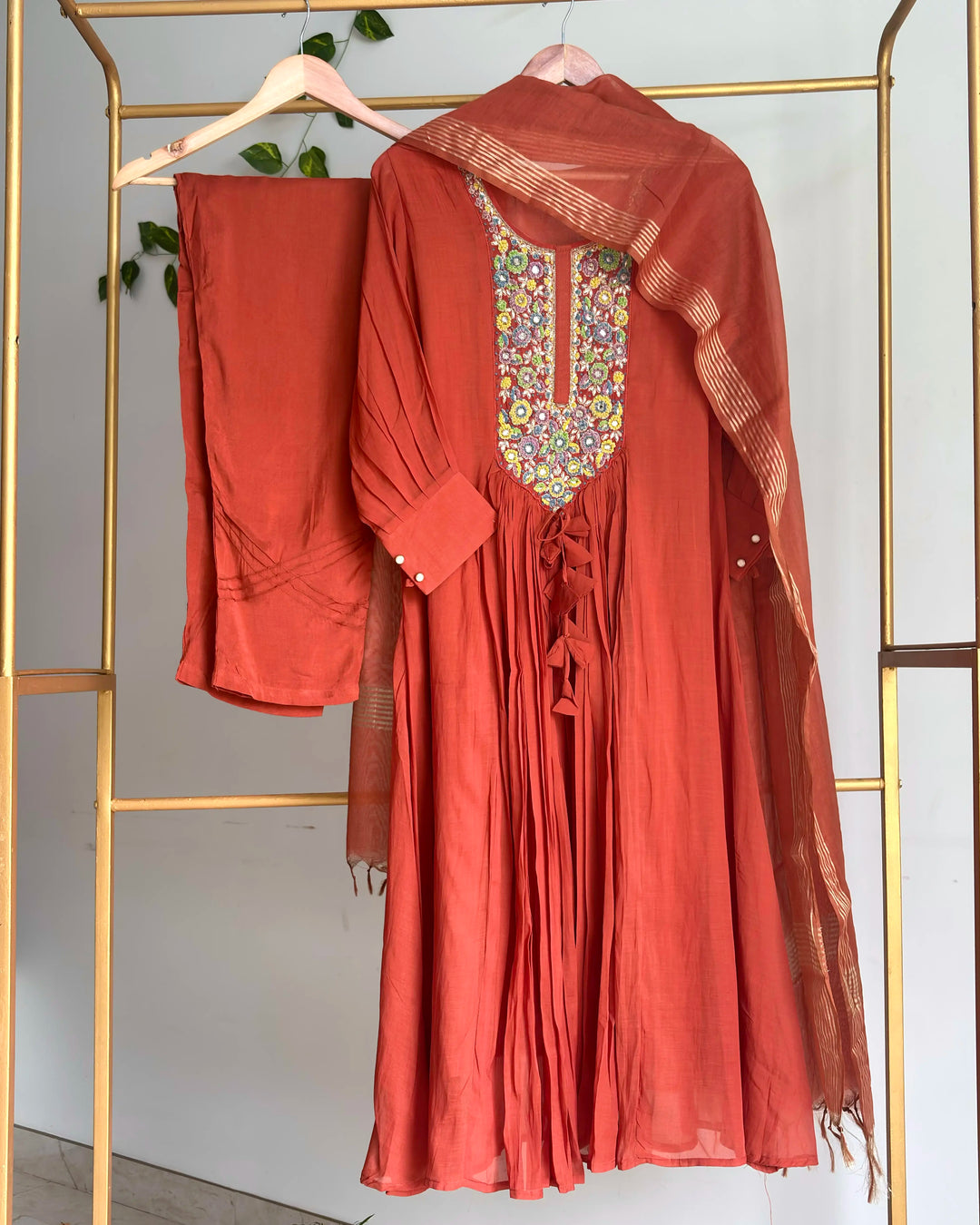 Pure Banaras Chanderi Terracotta Rust 3D Handworked Suit
