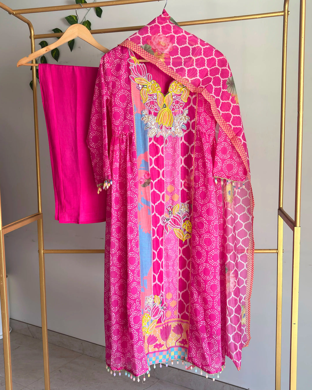 Coral Pink Chanderi Crystal Drop Suit
