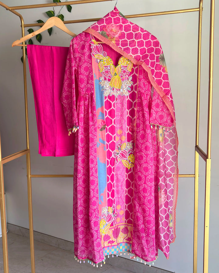 Coral Pink Chanderi Crystal Drop Suit