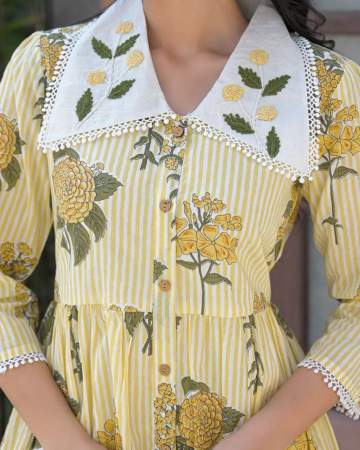 Butter Yellow Striped A-line Dress with Peter Pan Collar