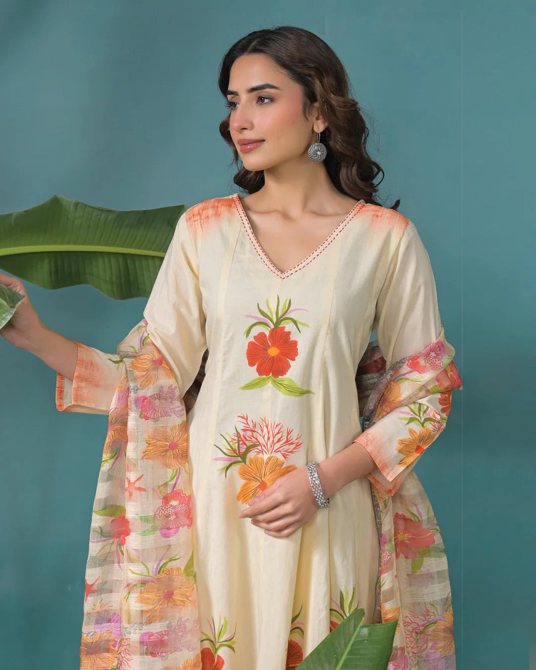 Cream Beige Floral Hand Painted Flared Anarkali Suit
