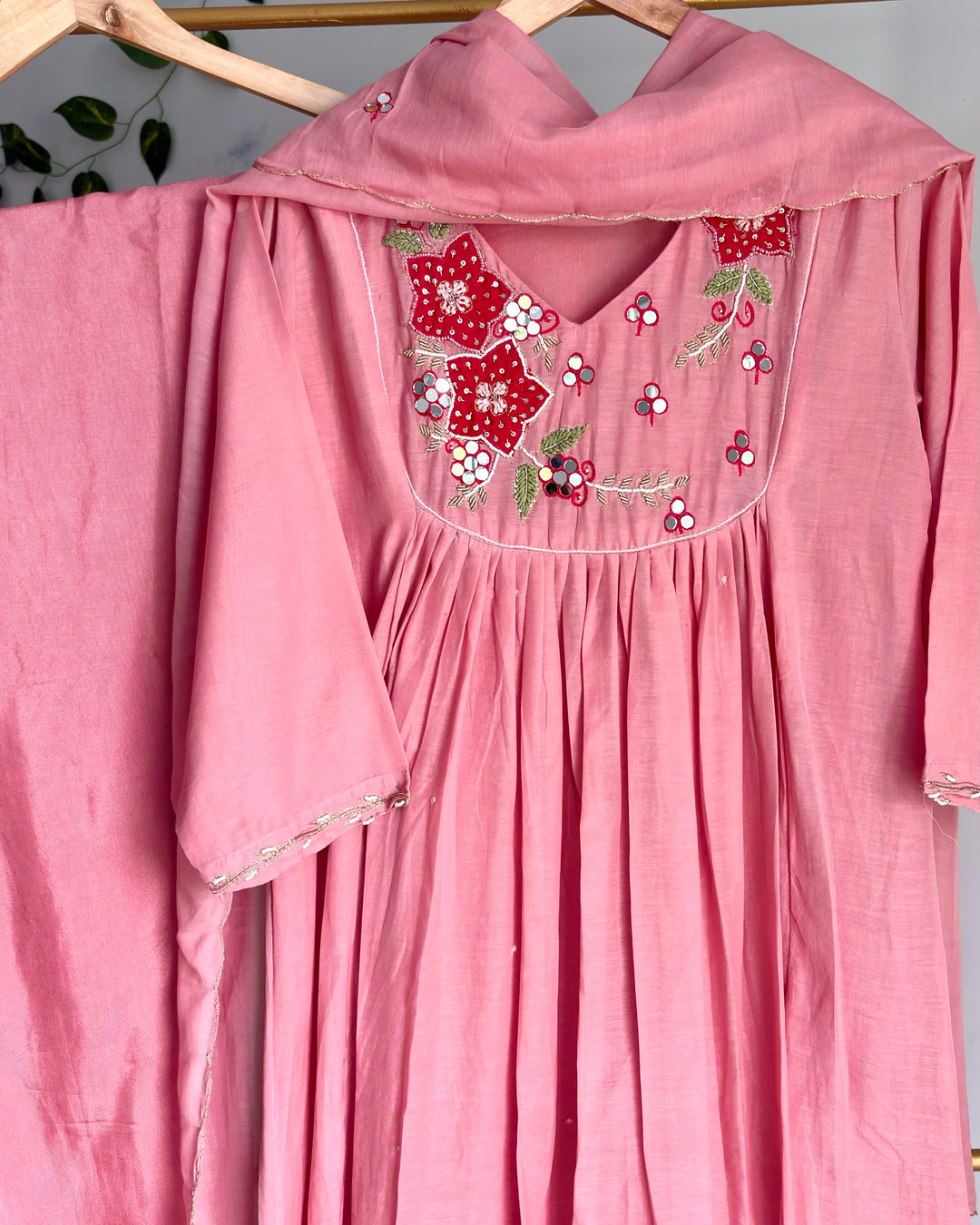 Dusty Pink Pure Banaras Chanderi Applique &amp; Mirror Embroidered Suit