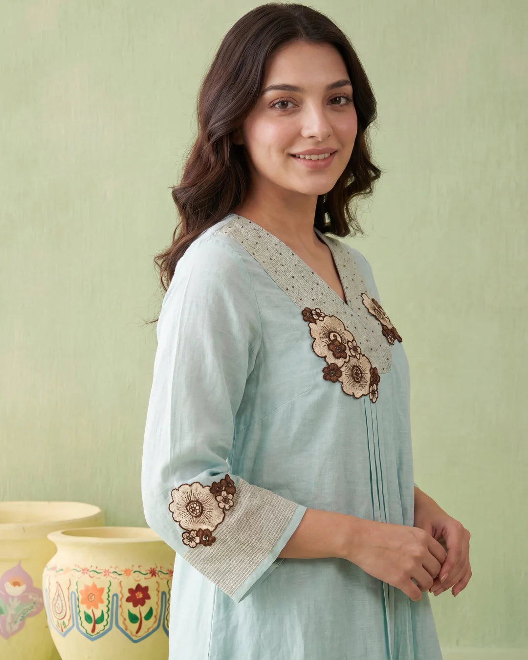 Pastel Aqua Linen Chanderi Floral Applique Co-ord Set
