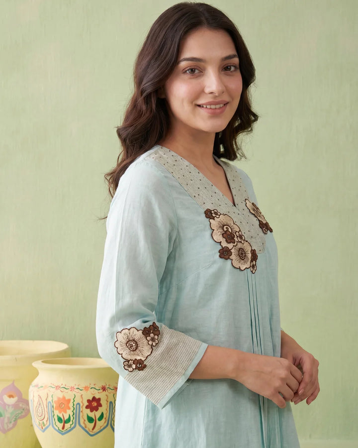 Pastel Aqua Linen Chanderi Floral Applique Co-ord Set