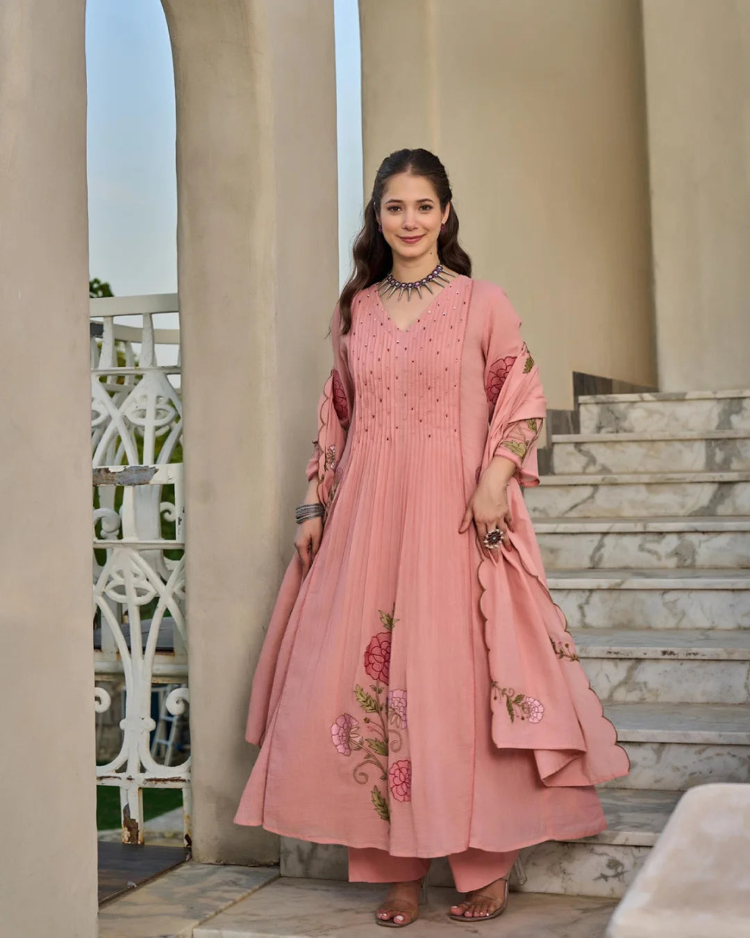 Dusty Pink Floral Embroidered Pleated Semi Anarkali Suit