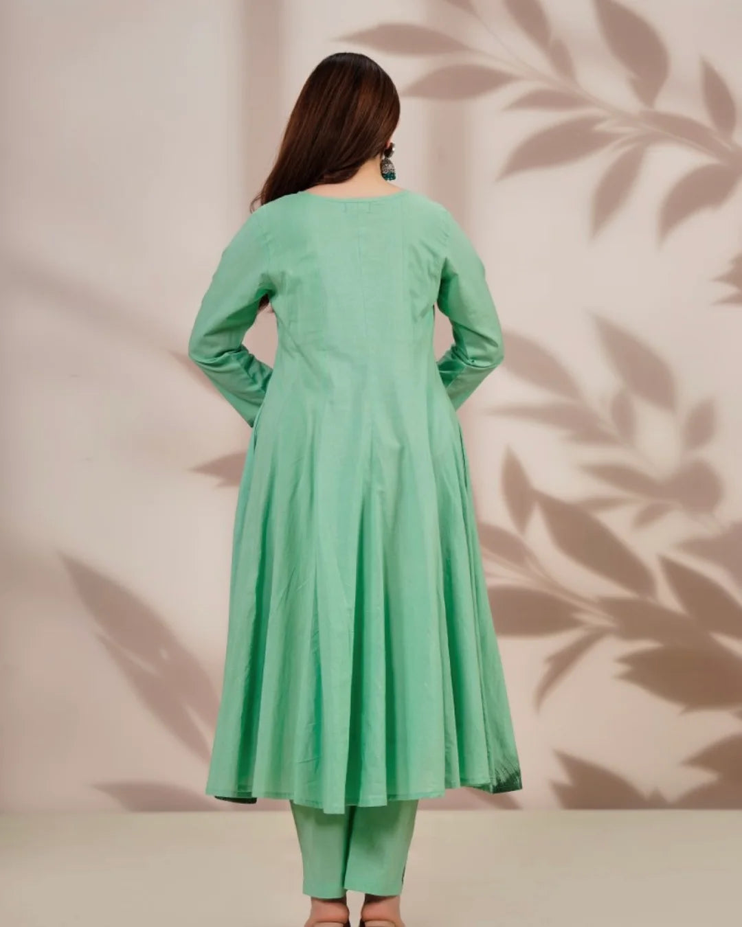 Mint Green Floral Hand Painted Shoulder Anarkali Suit