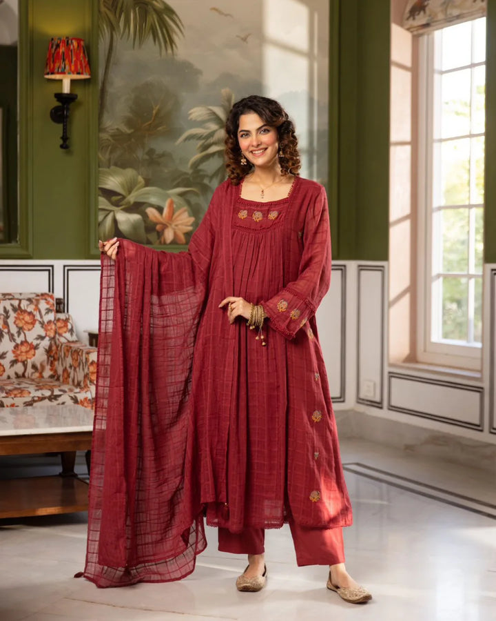 Wine Maroon Cross Stitch Embroidery A-Line Suit