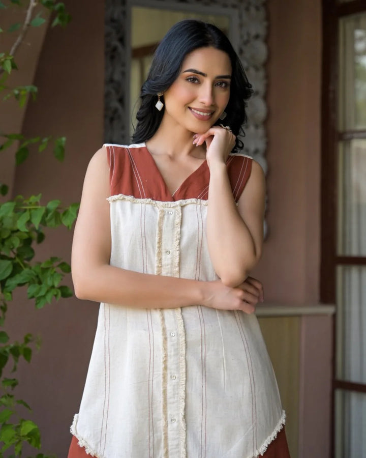 Cream Brick Red Buttoned Flex Cotton Co-ord Set