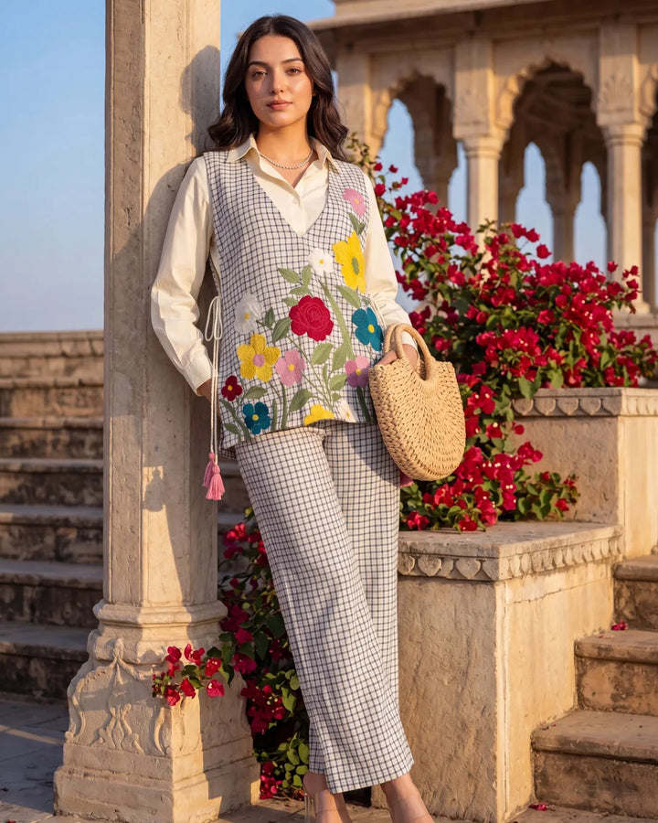 Cream Beige Cotton Shirt with Jute Cotton Floral Shrug Co-ord Set