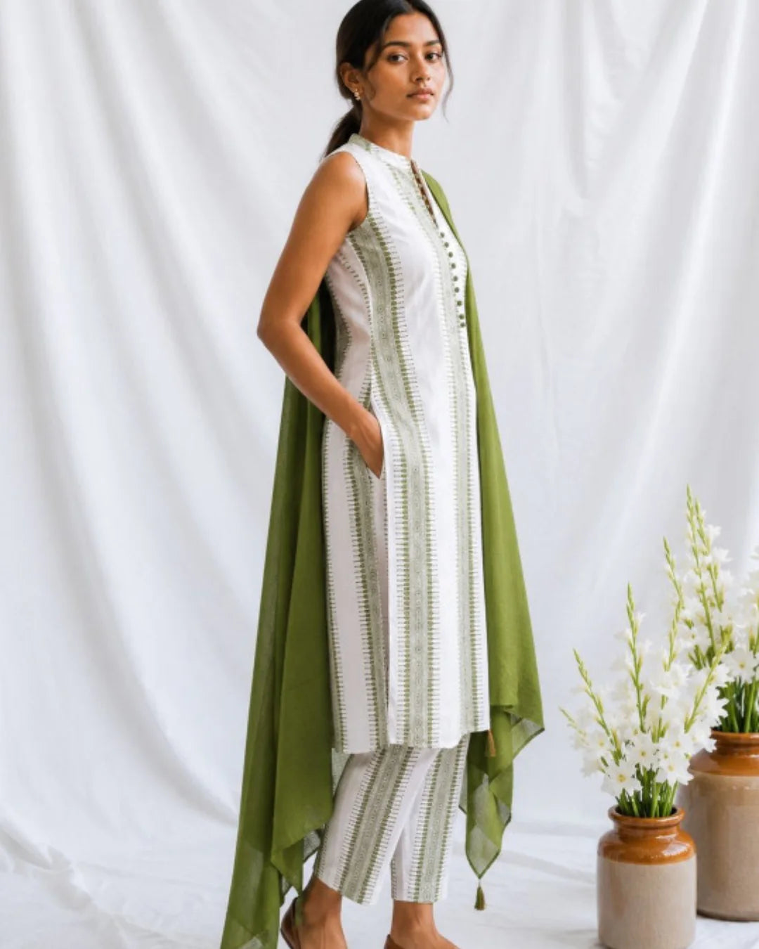 White Green Straight Cut Cotton Suit with Kota Dupatta