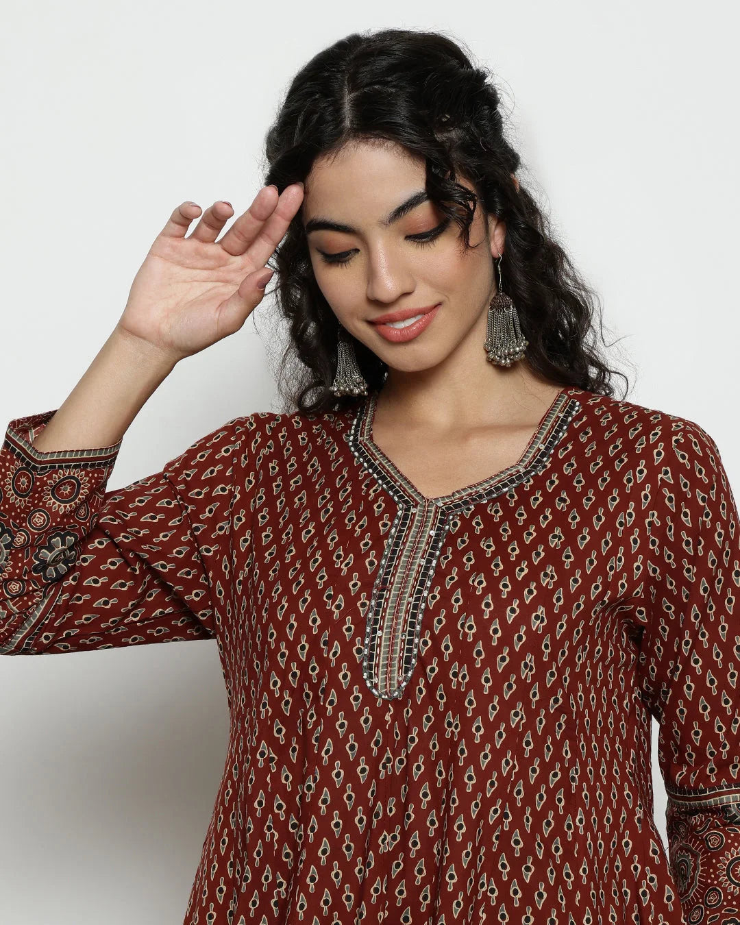 Maroon Ajrakh Printed Panelled Anarkali Suit