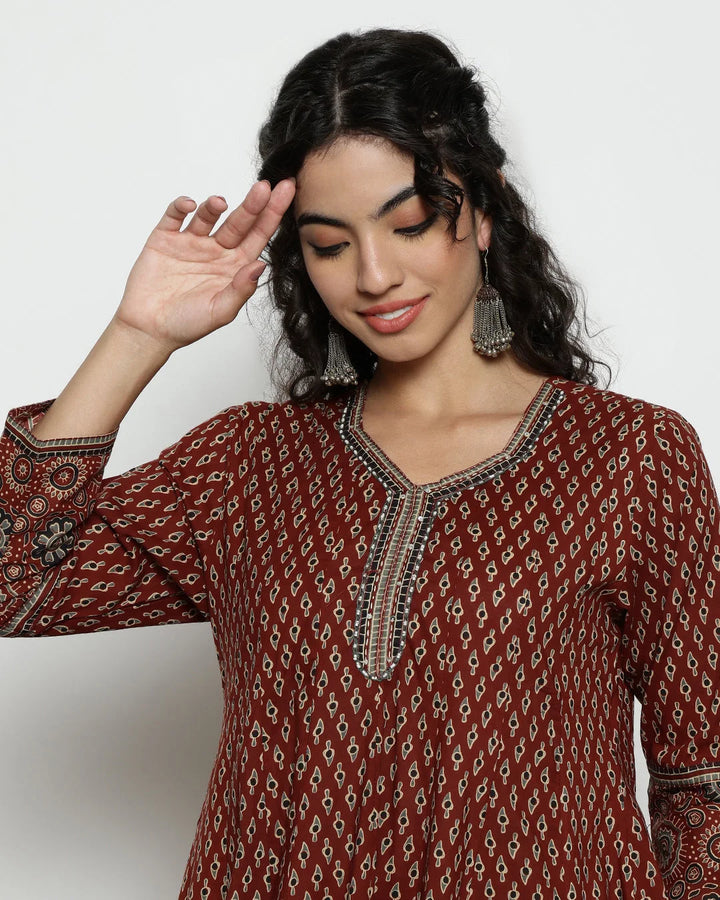 Maroon Ajrakh Printed Panelled Anarkali Suit