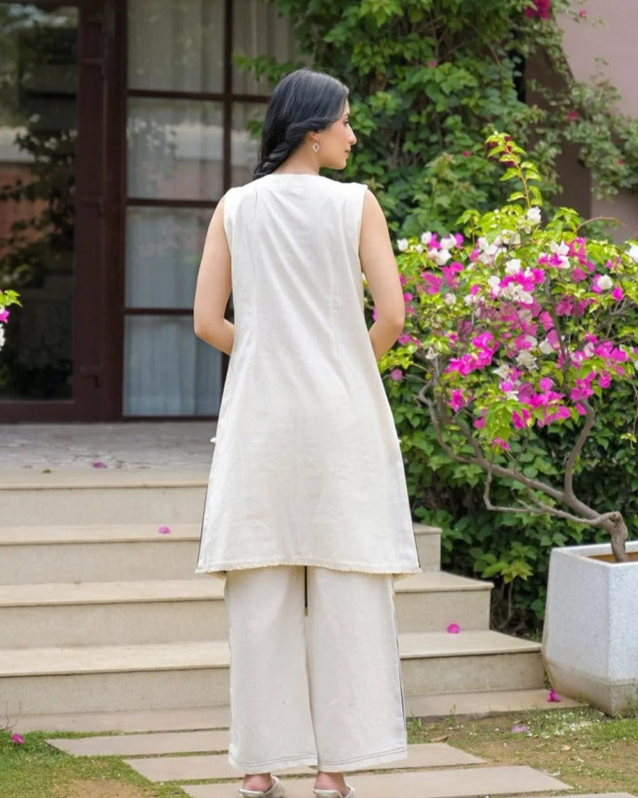 Cream Olive Green Buttoned Flex Cotton Co-ord Set