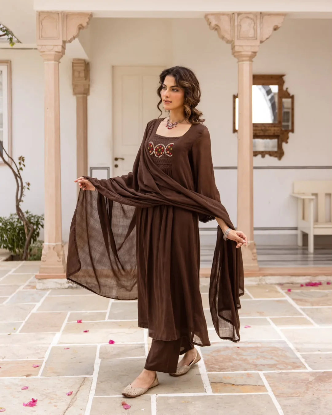 Dark Chocolate Brown Floral Embroidery Mul Kota Suit Set