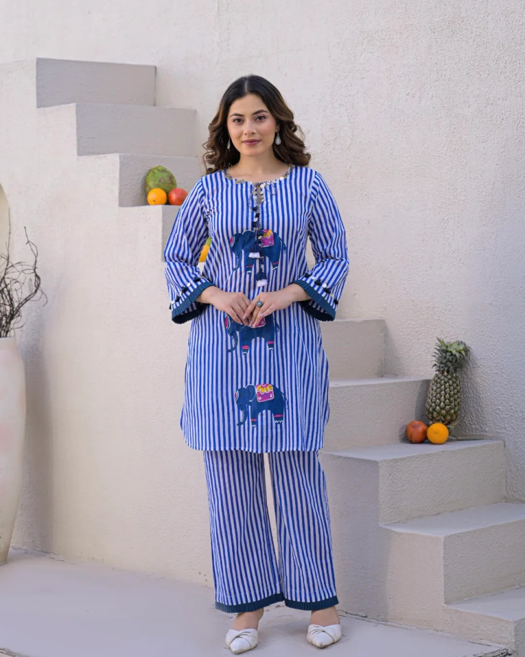 Royal Blue White Striped Elephant Hand Painted Cotton Co-ord Set