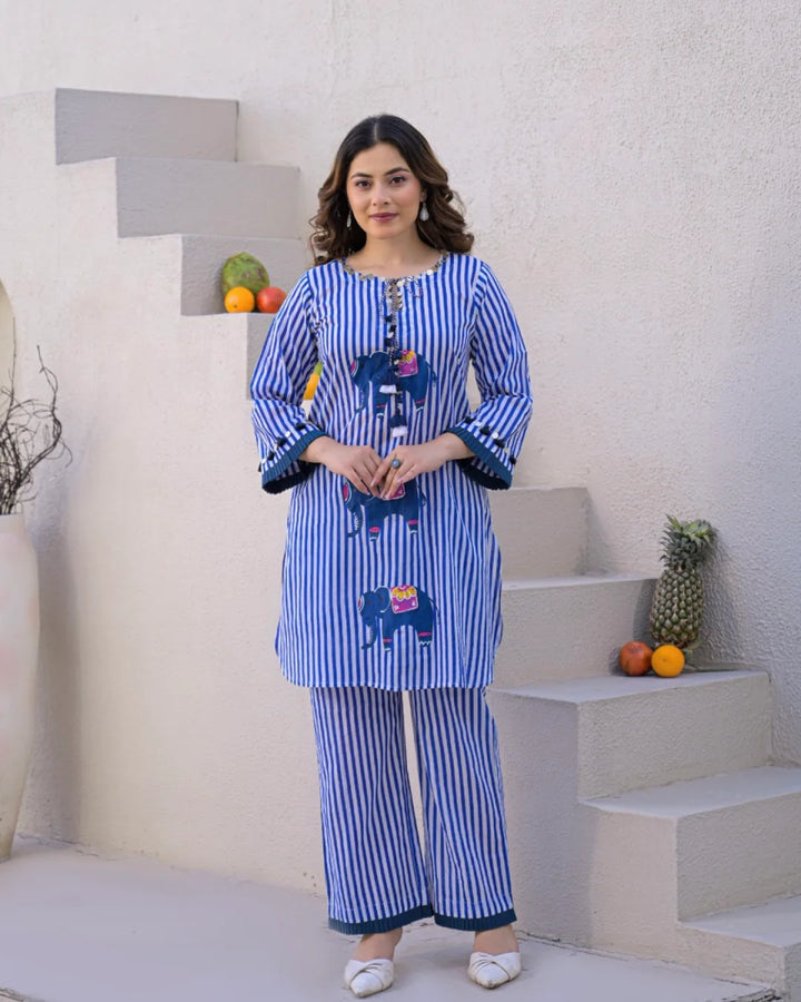 Royal Blue White Striped Elephant Hand Painted Cotton Co-ord Set