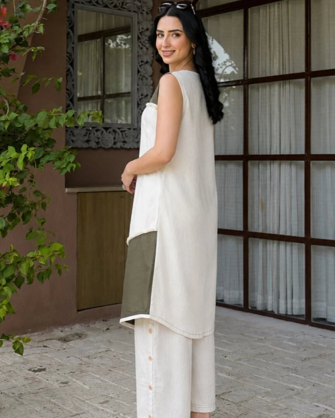 Cream Olive Green Buttoned Flex Cotton Co-ord Set