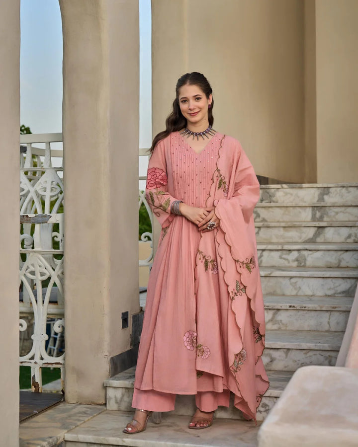 Dusty Pink Floral Embroidered Pleated Semi Anarkali Suit