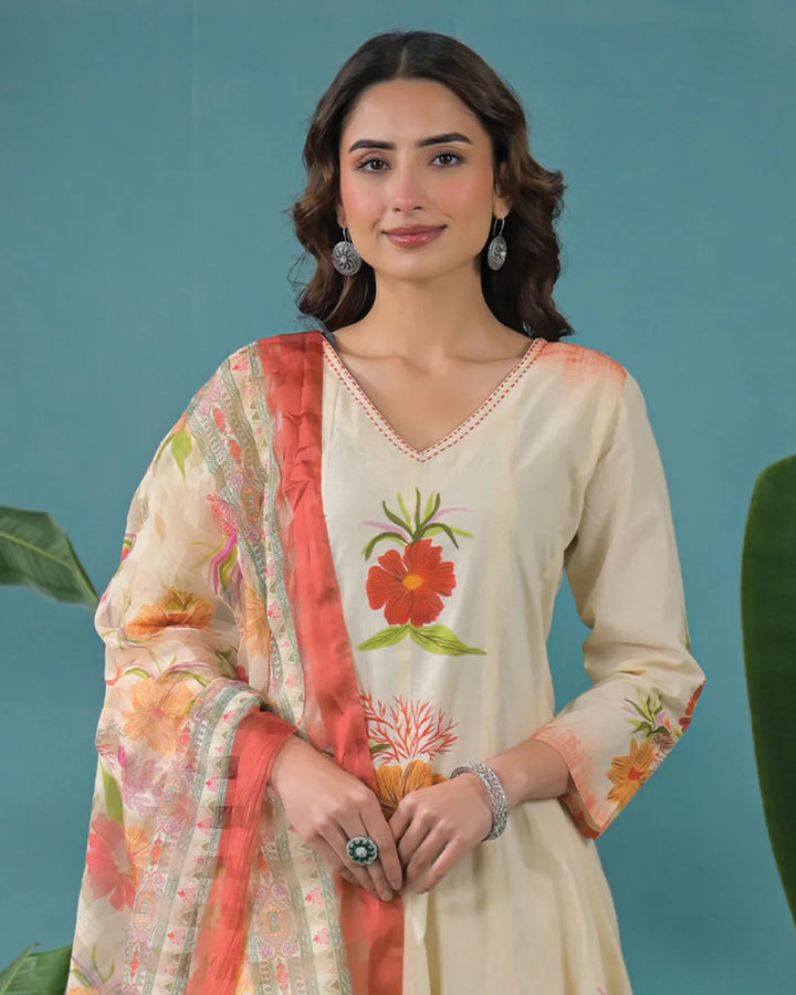 Cream Beige Floral Hand Painted Flared Anarkali Suit